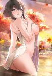  1girl ass autumn_leaves bamboo_fence bare_shoulders black_hair blue_eyes blush breasts covering fence hair_between_eyes hair_bun highres idolmaster idolmaster_cinderella_girls leaf looking_at_viewer maple_leaf medium_breasts mk_(mod0) naked_towel nipples nude onsen open_mouth outdoors rock sagisawa_fumika single_hair_bun smile solo steam thighs towel water wet_towel 