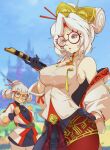  2girls bare_shoulders blue_sky blurry blurry_background delux_drawings eyeshadow grey_hair hair_bun hair_ornament hair_stick hand_on_own_hip highres holding josha_(zelda) makeup multiple_girls off_shoulder outdoors parted_lips purah red_eyes sky the_legend_of_zelda the_legend_of_zelda:_tears_of_the_kingdom twintails white_hair 