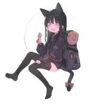  1girl artist_name bag black_hair black_jacket black_thighhighs blush bow cat_tail daquan_wubai highres holding jacket long_hair no_shoes open_mouth original simple_background solo tail tail_bow tail_ornament thighhighs white_background yellow_eyes 