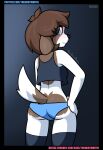  anthro beagle blue_clothing blue_eyes blue_panties blue_underwear blush brown_body brown_fur brown_hair butt camisole canid canine canis clothing domestic_dog female fur hair hand_on_hip hi_res hunting_dog legwear looking_back mammal panties rear_view sam_(theidiotmuffin) scent_hound signature simple_background solo text theidiotmuffin thigh_gap thigh_highs underwear url white_body white_fur 