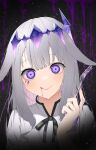  1girl :&gt; absurdres alternate_costume black_background black_ribbon commentary_request crazy_eyes crystal fork grey_hair hair_flaps highres holding holding_fork hololive hololive_english koseki_bijou long_hair looking_at_viewer mixed-language_commentary mononn0212 neck_ribbon purple_eyes ribbon shirt simple_background smile solo tiara upper_body virtual_youtuber white_shirt 