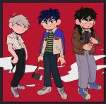  3boys akagi:_yami_ni_oritatta_tensai akagi_shigeru axe black_eyes black_hair black_pants blue_footwear bomber_jacket brown_jacket cigarette closed_mouth collared_shirt commentary_request full_body gloom_(expression) green_shirt grey_eyes grey_hair grey_pants gun highres holding holding_axe holding_cigarette holding_cigarette_pack holding_gun holding_weapon itanoma_(omrisoisina) itou_kaiji jacket kaiji letterman_jacket long_hair long_sleeves looking_at_viewer male_focus medium_bangs multiple_boys open_clothes open_jacket open_mouth pants red_background revolver shirt shoes short_hair simple_background smile sneakers standing striped striped_shirt sweat tobaku_haouden_zero ukai_zero weapon white_footwear white_shirt 