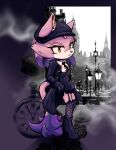  1girl animal_ears black_footwear black_gloves black_headwear black_necktie black_thighhighs blaze_the_cat cat_ears cat_girl cat_tail eyelashes flower forehead_jewel gloves hair_down hat highres jacket necktie open_clothes open_jacket photo_background pocket_watch purple_fur rfts10919 rose skirt sonic_(series) tail thighhighs watch yellow_eyes 