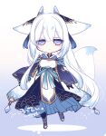  1girl animal_ears blue_eyes breasts chibi ears_down fox_ears fox_tail gradient_background konshin large_breasts long_hair original signature simple_background solo tail toeless_legwear white_background white_hair 