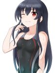  1girl black_hair blush breasts cleavage covered_navel hair_between_eyes hair_ribbon happy highres long_hair looking_at_viewer neptune_(series) one-piece_swimsuit one_eye_closed paid_reward_available red_eyes ribbon sidelocks simple_background small_breasts smile solo swimsuit uni_(neptune_series) wet wet_clothes wet_swimsuit white_background zatsu 
