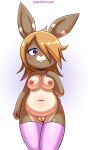  blush breasts buckteeth clothing disfigure female footwear footwear_only genitals hair hair_over_eye hi_res lagomorph leporid mammal mostly_nude navel nipples nude one_eye_obstructed purple_eyes pussy rabbit signature slightly_chubby socks socks_only solo teeth 