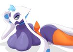  2023 big_breasts blue_crystal blue_eyes breasts butt clothing digital_media_(artwork) eyelashes female froslass generation_4_pokemon hi_res humanoid legwear looking_at_viewer lying nintendo not_furry on_front orange_clothing orange_legwear orange_stockings pilu_(artist) pokemon pokemon_(species) purple_body purple_breasts shaded simple_background solo stockings white_background yellow_sclera 