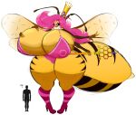  4_arms absurd_res antennae_(anatomy) anthro arthropod arthropod_abdomen bee big_breasts blush breasts cleavage clothed clothing crown duo female fishnet footwear fur hair hand_on_breast hand_on_chest headgear hi_res high_heels huge_breasts human hymenopteran hyper hyper_breasts insect larger_female long_hair male mammal mandibles multi_arm multi_limb pink_hair queen royalty scepter simple_background size_difference smaller_male smile stinger stripes thick_thighs wide_hips wings yellow_body 