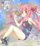 &lt;boss&gt; 2girls ? afloat air_bubble animal armpits barefoot blue_hair blue_one-piece_swimsuit blue_ribbon blunt_bangs blush blush_stickers boomerang_(subnautica) breasts bubble chibi chibi_inset commentary_request crossover fish floating_hair foot_out_of_frame furrowed_brow hair_intakes hair_ribbon hand_up health_bar holding holding_animal holding_breath holding_fish kotonoha_akane kotonoha_aoi long_hair low_tied_sidelocks medium_breasts multiple_girls neck_ribbon one-piece_swimsuit outline pink_eyes pink_hair red_ribbon ribbon school_swimsuit sidelocks subnautica swimsuit thumbs_up underwater user_interface v-shaped_eyebrows voiceroid white_outline 
