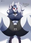  anthro big_breasts black_clothing black_legwear blue_clothing blue_topwear breasts camel_toe canid canid_demon canine clothing collar demon dialogue female genitals hair hellhound helluva_boss hi_res legwear long_hair looking_at_viewer loona_(helluva_boss) lying mammal on_back pentagram pussy red_sclera simple_background sly_shadex solo talking_to_viewer text topwear white_eyes 