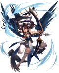  1girl absurdres animal arrow_(projectile) bell bird bow_(weapon) breasts brown_hair collar feathered_wings floating_hair full_body glint hair_rings hat highres holding holding_arrow holding_bow_(weapon) holding_weapon japanese_clothes large_wings long_hair long_pointy_ears neck_bell obi open_mouth original parted_bangs pleated_skirt pointy_ears sandals sash shirt sideboob skirt sleeveless sleeveless_shirt solo standing standing_on_one_leg teo_(telo_ruka) thighhighs twintails v-shaped_eyebrows very_long_hair weapon wings yellow_eyes 