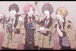  4boys :d antenna_hair arm_on_shoulder belt black_border black_eyes black_hair black_pants black_vest blazer blonde_hair book border brown_background brown_jacket bungou_to_alchemist cake cake_slice cellphone collared_shirt confetti cream cream_on_face crossed_bangs eating expressionless food food_on_face fork fruit fujiori_(ayacoe727) green_eyes green_necktie grey_hair grey_shirt grey_vest hair_between_eyes hand_on_another&#039;s_shoulder holding holding_book holding_fork holding_party_popper holding_pencil holding_plate jacket kunikida_doppo_(bungou_to_alchemist) lapels letterboxed long_sleeves looking_at_another male_focus multiple_boys neck_ribbon necktie notched_lapels official_alternate_costume open_book open_clothes open_collar open_mouth open_shirt orange_eyes pants parted_bangs party_popper pencil phone pink_hair plate purple_necktie red_belt red_necktie red_ribbon ribbon school_uniform selfie selfie_stick shimazaki_touson_(bungou_to_alchemist) shirt short_hair sideways_glance sleeve_cuffs sleeves_rolled_up smartphone smile strawberry streamers sweatdrop tayama_katai_(bungou_to_alchemist) tokuda_shusei_(bungou_to_alchemist) undershirt upper_body utensil_in_mouth v-shaped_eyebrows vest white_shirt 