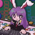  1girl animal_ears balloon black_jacket blazer board_eraser buttons chalk chalkboard clock closed_mouth collared_shirt commentary_request crescent crescent_pin dj djrem headphones headphones_around_neck jacket light_purple_hair long_hair long_sleeves mixing_console necktie purple_eyes purple_hair rabbit_ears rabbit_girl record red_necktie reisen_udongein_inaba shirt solo touhou turntable v-shaped_eyebrows very_long_hair white_shirt 
