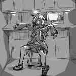  1girl animal_ears animated animated_gif arknights chair greyscale jacket lappland_(arknights) mazz microwave monochrome on_chair shoes sitting solo spinning 
