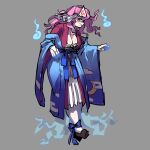  1girl alternate_costume breasts cleavage floral_print full_body ghost grey_background highres japanese_clothes kaibootsu large_breasts layered_skirt medium_hair pink_hair profile red_eyes saigyouji_yuyuko shaded_face skirt socks solo touhou triangular_headpiece wavy_hair white_socks wide_sleeves 