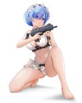  1girl barefoot bikini blue_eyes blue_hair breasts cleavage closed_mouth commission gibun_(sozoshu) gun h&amp;k_mp7 hair_ornament highres holding holding_gun holding_weapon kneeling maid maid_bikini maid_headdress medium_breasts navel pixiv_commission re:zero_kara_hajimeru_isekai_seikatsu rem_(re:zero) simple_background solo submachine_gun swimsuit toes unconventional_maid weapon white_background white_bikini x_hair_ornament 