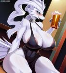  anthro areola areola_slip beverage big_breasts breasts cleavage clothed clothing cooliehigh female fur generation_5_pokemon hi_res holding_beverage holding_object huge_breasts legendary_pokemon nintendo pokemon pokemon_(species) reshiram solo thick_thighs white_body white_fur wide_hips 