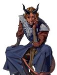  1boy baldur&#039;s_gate baldur&#039;s_gate_3 black_sclera blood blood_on_face blue_robe brown_footwear brown_hair brown_nails colored_sclera colored_skin commentary constricted_pupils cuts demon_boy demon_horns demon_tail dungeons_and_dragons elbow_on_knee elbow_rest fangs feet_out_of_frame fingernails freckles hand_on_own_cheek hand_on_own_face highres horns houjoh_(7th-heaven) injury legs_apart looking_at_viewer male_focus open_mouth red_skin robe rolan_(baldur&#039;s_gate) sharp_fingernails short_hair sitting solo squinting sweat symbol-only_commentary tail tiefling uneven_eyes yellow_eyes 