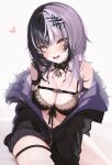  1girl :d black_bra black_choker black_coat black_hair blush bra breasts choker cleavage coat fangs fur-trimmed_coat fur_trim grey_hair hair_ornament heart highres hololive hololive_english jacket koahri lace-trimmed_bra lace_trim large_breasts long_hair long_sleeves looking_at_viewer multicolored_hair navel off_shoulder open_clothes open_jacket shiori_novella simple_background sitting skindentation smile solo split-color_hair thigh_strap two-tone_hair underwear virtual_youtuber white_background white_hair yellow_eyes 