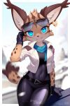  2023 2:3 ancesra anthro arwing belt blue_eyes blue_scarf clothing digital_media_(artwork) ear_piercing ear_ring eyelashes eyewear eyewear_on_head felid feline female fighter_plane flight_jacket fur gloves gold_earring handwear hi_res inner_ear_fluff leaning_on_object leaning_on_vehicle logo looking_at_viewer lynx mammal markings miyu_lynx nintendo piercing pilot ring_piercing scarf shoulder_pads smile smiling_at_viewer solo spacecraft spots spotted_body star_fox striped_body striped_fur striped_markings stripes sunglasses sunglasses_on_head text tight_clothing tuft url vehicle 