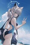  2no_(pixiv75196219) absurdres animal_ear_fluff animal_ears ass bag beach black_one-piece_swimsuit blue_archive blue_eyes blue_sky breasts cloud competition_swimsuit covered_navel cross_hair_ornament day dutch_angle extra_ears from_behind grey_hair hair_ornament halo highleg highleg_leotard highres leotard looking_at_viewer low_ponytail medium_breasts medium_hair mismatched_pupils multicolored_clothes multicolored_swimsuit official_alternate_costume one-piece_swimsuit outdoors shiroko_(blue_archive) shiroko_(swimsuit)_(blue_archive) sky swimsuit v waves wolf_ears 