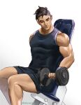  1boy alleveolive artist_name black_hair black_shirt black_shorts craig_cahn dream_daddy:_a_dad_dating_simulator dumbbell english_commentary exercise feet_out_of_frame full_body highres male_focus muscular muscular_male pectorals shirt short_hair shorts simple_background sitting solo thick_eyebrows undercut weightlifting white_background 