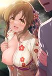  1boy 1girl :d bangs blush breasts brown_hair cleavage collarbone commentary_request flashing floral_print hair_ornament highres idolmaster idolmaster_cinderella_girls japanese_clothes kimono large_breasts long_hair long_sleeves mk_(mod0) niiko_(gonnzou) no_bra one_breast_out open_clothes open_kimono open_mouth oppai_challenge outdoors shirt smile solo_focus totoki_airi white_shirt yellow_eyes yellow_kimono 
