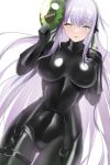  absurdres black_bodysuit black_headdress bodysuit cowboy_shot fate/extra fate/extra_ccc fate/extra_ccc_fox_tail fate/grand_order fate_(series) giant giantess gimp_suit green_ribbon heterochromia highres kingprotea_(fate) latex latex_bodysuit long_hair official_alternate_costume oxygen_mask_(oxygenmask233) purple_eyes purple_hair ribbon skin_tight xochitonal_(fate) yellow_eyes 