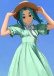  1girl absurdres aqua_hair blue_background blue_sky closed_mouth day dress green_dress green_eyes hands_up hat highres looking_at_viewer medium_hair monogatari_(series) nemo_ringo ononoki_yotsugi outdoors petite puffy_short_sleeves puffy_sleeves short_eyebrows short_sleeves simple_background sky solo sun_hat thick_eyebrows 