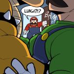  0_0 3boys bara bowser brothers brown_hair caught english_text facial_hair furry furry_male head_out_of_frame highres imminent_kiss jealous large_pectorals luigi male_focus mario mario_(series) multiple_boys muscular muscular_male mustache open_door overalls pectorals racesolar short_hair siblings speech_bubble wide-eyed yaoi 