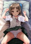  1girl arm_up bed_sheet blue_camisole bow bow_panties brown_eyes brown_hair camisole clothes_lift collared_shirt commentary_request dress_shirt feet_out_of_frame flo_(guilty_hearts) green_skirt hand_up highres idolmaster idolmaster_cinderella_girls long_hair looking_at_viewer lying neck_ribbon on_back open_mouth panties pillow pleated_skirt red_ribbon ribbon school_uniform shadow shirt skirt skirt_lift solo spread_legs tachibana_arisu underwear very_long_hair white_panties white_shirt 
