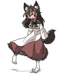  1girl animal_ear_fluff animal_ears blush brooch brown_hair commentary_request dot_nose dress imaizumi_kagerou jewelry kasuya_baian long_hair long_sleeves neckerchief open_mouth red_eyes red_skirt shirt skirt socks solo sweatdrop tail touhou white_background white_shirt wolf_ears wolf_girl wolf_tail 