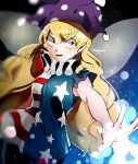  1girl american_flag_dress attack blonde_hair blue_dress clownpiece commentary_request danmaku dress fairy fairy_wings frilled_sleeves frills glowing glowing_eyes hat highres jester_cap long_hair neck_ruff open_mouth outstretched_arm polka_dot_headwear pom_pom_(clothes) purple_headwear red_dress red_eyes short_sleeves smile space star_(symbol) star_print striped striped_dress suzune_hapinesu touhou very_long_hair wavy_hair white_dress wide-eyed wings 