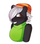  &lt;3 anthro ashe_grewirt black_body black_fur black_nose blush breasts clothing eternal_forwardness eyebrows female fur green_clothing green_shirt green_topwear hair hair_over_eye hat headgear headwear hi_res looking_away mammal mephitid one_eye_obstructed orange_eyes pattern_clothing pattern_hat pattern_headgear pattern_headwear shirt shoulder_tuft simple_background skunk sleeveless_shirt smile solo striped_clothing striped_hat striped_headgear striped_headwear stripes topwear tuft violetmadness7 white_hair 