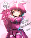  1girl animal_ear_headwear bandana brown_hair bullpup character_name dated flat_chest fur-trimmed_gloves fur_trim gloves gun happy_birthday hat holding holding_gun holding_weapon ishiguchi_juu jacket llenn_(sao) looking_at_viewer p-chan_(p-90) p90 pants pink_bandana pink_eyes pink_gloves pink_headwear pink_jacket pink_pants short_hair smile solo submachine_gun sword_art_online sword_art_online_alternative:_gun_gale_online weapon 