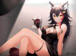  1girl absurdres alcohol animal_ear_fluff animal_ears bare_shoulders black_dress black_gloves black_hair breasts cleavage cleavage_cutout clothing_cutout commission criss-cross_halter crossed_legs cup dress drinking_glass gloves halterneck highres holding holding_cup hololive ken-pai_(kenpai_arts) long_hair multicolored_hair ookami_mio red_hair signature sitting sleeveless sleeveless_dress solo streaked_hair thigh_strap twitter_username virtual_youtuber wine wine_glass wolf_ears wolf_girl 