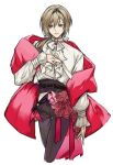  1boy ascot belt black_belt blonde_hair bow brown_eyes brown_pants cape flower formal fragaria_memories gem hair_bow hand_on_own_chest long_hair low_ponytail male_focus pants red_cape red_flower red_gemstone red_rose romarriche_(fragaria_memories) rose shirt sketch solo tumitumi56155 white_ascot white_background white_bow white_shirt 