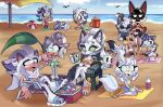  1other 5boys 5girls animal_ears ball beach beach_chair beach_towel beach_umbrella beachball blue_shorts bottle bra bracelet breasts can cat_ears chao_(sonic) cleavage closed_eyes cooler crossed_legs day food furry furry_female furry_male green_eyes green_skirt highres holding holding_food holding_leaf holding_popsicle jewelry kneeling large_breasts leaf leaf_fan long_hair mechanical_arms multiple_boys multiple_girls open_mouth orange_bra orange_footwear orange_shorts original outdoors popsicle purple_eyes red_shorts robot sand sand_bucket sandals shorts sitting skirt skyicah sonic_(series) stuffed_toy tail tongue tongue_out towel umbrella underwear wand water white_hair 
