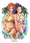  2boys 2girls beach bikini braid breasts choker crossed_arms earrings gold_bikini highres innertube jewelry kim_kaphwan large_breasts long_hair luong midriff multiple_boys multiple_girls necklace palm_tree purple_eyes purple_hair ramon_(kof) red_eyes red_hair rocohisaya seashell shell short_hair silver_bikini single_braid surfboard swimsuit the_king_of_fighters tree vanessa_(kof) water 