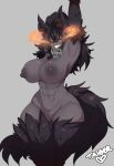  1girl abs animal_ear_fluff animal_ears armpits arms_behind_head arms_up black_fur black_sclera black_skin blush breasts colored_sclera colored_skin completely_nude dog_ears dog_tail flaming_eye flaming_eyes grey_skin grin hellhound_(monster_girl_encyclopedia) highres jewelry large_breasts long_hair looking_at_viewer monster_girl monster_girl_encyclopedia navel necklace nipples nude skull_necklace smile solo stomach stretching taiger tail thick_thighs thighs 