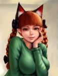  1girl animal_ears bow braid breasts cat_ears dress extra_ears freckles green_dress hair_bow hand_on_own_face highres kaenbyou_rin large_breasts long_hair looking_at_viewer red_eyes red_hair ribbon smile solo touhou twin_braids yyf_(seaknight) 