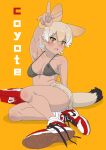  1girl absurdres animal_ear_fluff animal_ears bikini black_bikini blonde_hair coyote_(kemono_friends) extra_ears highres kemono_friends kemono_friends_v_project kumasyan1998 looking_at_viewer multicolored_hair nike open_mouth shoes short_hair shorts simple_background smile solo swimsuit tail v virtual_youtuber wolf_ears wolf_tail wristband yellow_eyes 