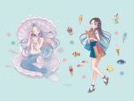  2girls akashi_(kancolle) artist_name bag black_hair blue_background blue_bag blue_eyes blue_hair blue_nails blue_skirt brown_shirt closed_eyes clownfish commentary cup disposable_cup drinking_straw earrings facing_viewer fish food fruit full_body gem hair_ornament hairclip handbag hands_up highres holding holding_ice_cream holding_shell ice_cream ice_cream_cone jewelry kiwi_(fruit) kiwi_slice light_blue_hair long_hair looking_at_viewer mermaid mokaffe monster_girl multiple_girls nail_polish necklace original pearl_(gemstone) pendant pink_lips platform_footwear popsicle sandals shell shell_bikini shell_earrings shell_hair_ornament shirt skirt sleeveless sleeveless_shirt starfish starfish_hair_ornament strawberry strawberry_slice symbol-only_commentary 