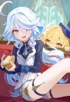  2girls absurdres ahoge ascot blonde_hair blue_ascot blue_brooch blue_eyes blue_gemstone blue_hair blue_headwear blue_jacket bow breasts cake cake_slice couch cowlick drop-shaped_pupils feather_hair_ornament feathers flower food food_on_face furina_(genshin_impact) gem genshin_impact hair_between_eyes hair_flower hair_ornament hat heterochromia highres holding holding_cake holding_food indoors jacket kodona light_blue_hair lily_(flower) lolita_fashion long_hair long_sleeves lumine_(genshin_impact) lying mismatched_pupils multicolored_hair multiple_girls on_couch open_mouth pellas_(panix2383) ponytail shorts sitting small_breasts smile streaked_hair thigh_strap top_hat vest white_flower white_hair white_shorts white_trim_bow white_vest yellow_eyes 