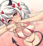  1girl bikini biting black_horns blush breasts demon demon_girl demon_horns demon_tail dracksart finger_biting heart heart-shaped_pupils helltaker highres horns huge_breasts modeus_(helltaker) navel red_bikini swimsuit symbol-shaped_pupils tail white_hair 