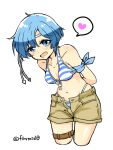  1girl alternate_costume aqua_hair arms_behind_back bare_shoulders bikini blue_eyes breasts facing_viewer fire_emblem fire_emblem:_the_binding_blade heart horizontal-striped_swimsuit looking_at_viewer medium_breasts medium_hair navel open_mouth shanna_(fire_emblem) speech_bubble spoken_heart striped striped_bikini swimsuit yukia_(firstaid0) 