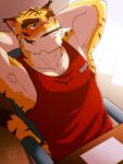  1boy armpit_hair armpits arms_behind_head bara desk forked_eyebrows furry furry_male highres huge_eyebrows male_focus morenatsu muscular muscular_male on_chair pectorals pencil pencil_mustache red_tank_top short_hair sidepec sitting solo striped_tank_top tank_top tiger_boy torahiko_oshima yowaifish 