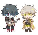 2boys acoustic_guitar arknights black_hair black_jacket black_socks black_vest blue_eyes brown_coat brown_scarf chibi coat earrings faust_(arknights) gradient_hair grey_hair grey_sweater guitar holding holding_instrument holding_microphone instrument jacket jewelry mephisto_(arknights) microphone multicolored_hair multiple_boys necklace open_mouth pale_skin pointy_ears red_footwear red_pupils scales scarf shoes short_hair shorts simple_background smile snake_tail socks south_ac sweat sweater tail vest white_background yellow_eyes yellow_shorts 