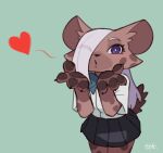 &lt;3 4_fingers anthro blowing_kiss blush bottomwear bow_tie breasts brown_body brown_fur cheek_tuft claws clothed clothing digital_media_(artwork) facial_tuft feet female fingers fur hair hair_over_eye hi_res hyena jk_(kemokin_mania) kemokin_mania looking_at_viewer mammal one_eye_closed one_eye_obstructed pawpads purple_eyes shirt simple_background skirt solo spots spotted_hyena topwear tuft white_clothing white_shirt white_topwear wink winking_at_viewer 
