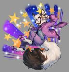  5_fingers absurd_res action_pose anthro biped canid canine claws clothed clothing dipstick_tail fingers fox fur haychel hi_res inner_ear_fluff male mammal markings open_mouth open_smile pawpads pose purple_clothing smile solo tail tail_markings tuft white_body white_fur 